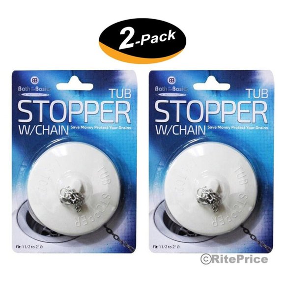 Bath Tub Drain Stopper with Chain, Rubber Material, (White Color) (2 Pack) - Picture 1 of 3